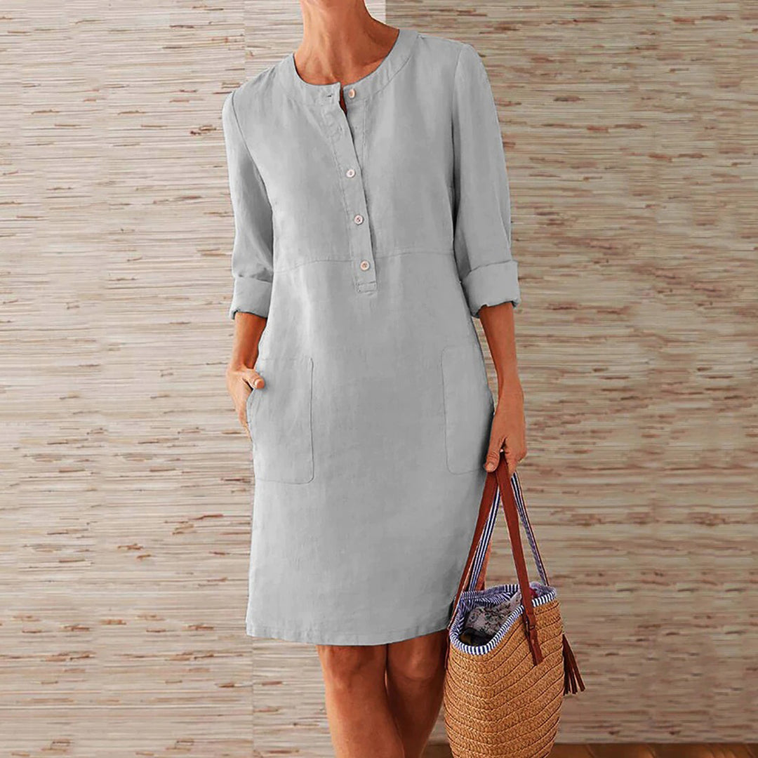 Robe femme – Coupe décontractée – Linnen – Manches 3/4 – Boutonnée – Poches