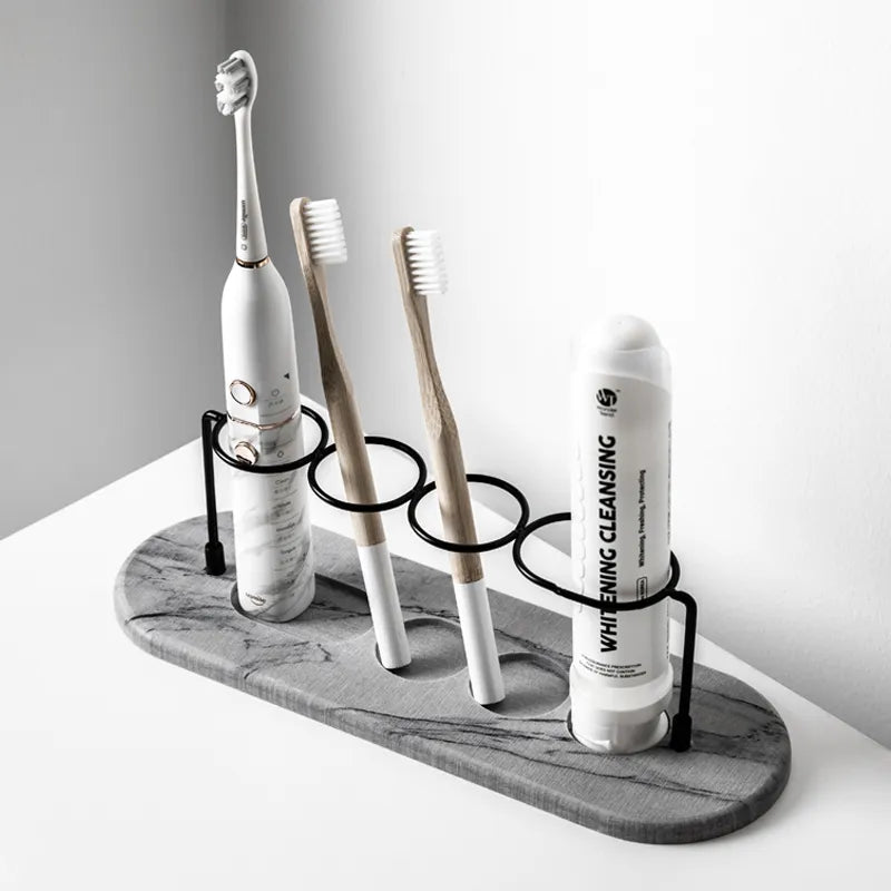 Minimalist Marble-Like Toothbrush Holder With Metal Coils