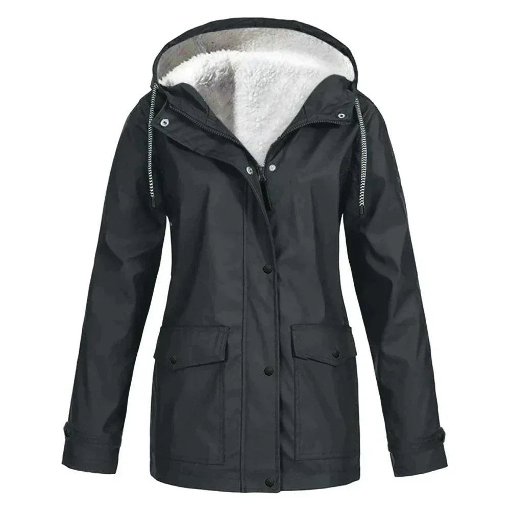 Veste imperméable femme – Coupe droite – Doublure chaude – Capuche ajustable – Mi-longue