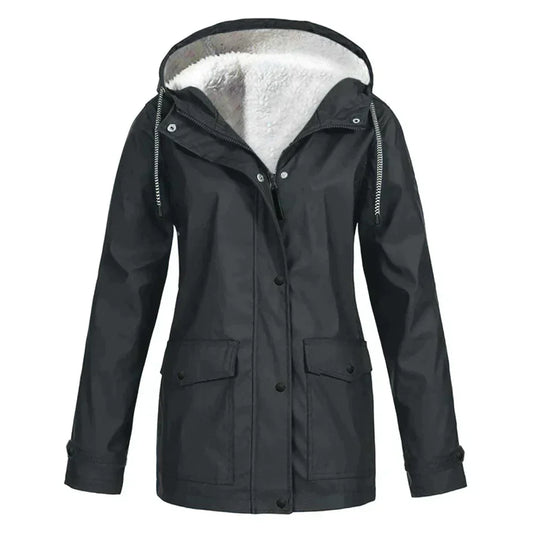Veste imperméable femme – Coupe droite – Doublure chaude – Capuche ajustable – Mi-longue