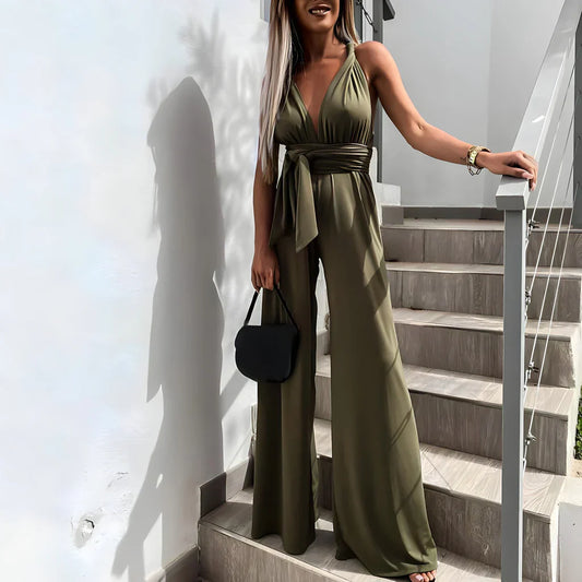 Women's jumpsuit – Sleeveless – V-neck – Belted waist – Wide flowing leg