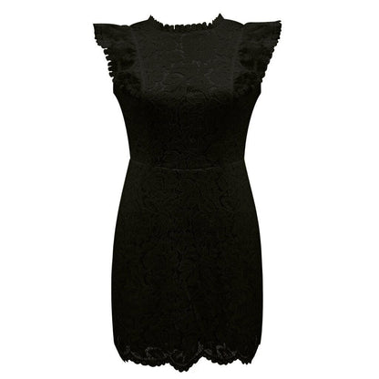 Robe femme en dentelle – Coupe slim – Mini – Col montant – Manches courtes