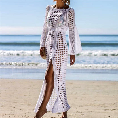 Women's beach dress – Lightweight knit – Flowing cut – Long sleeves – High slit