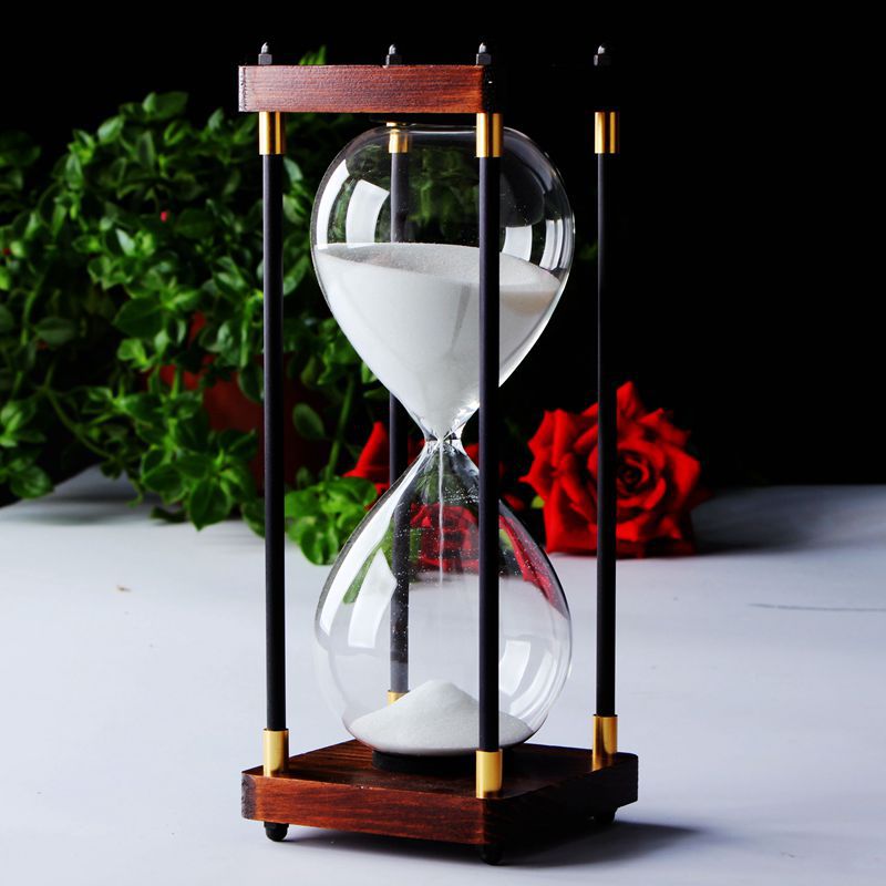 Modern Glass and Wood Hourglass Timer With Gold Accents