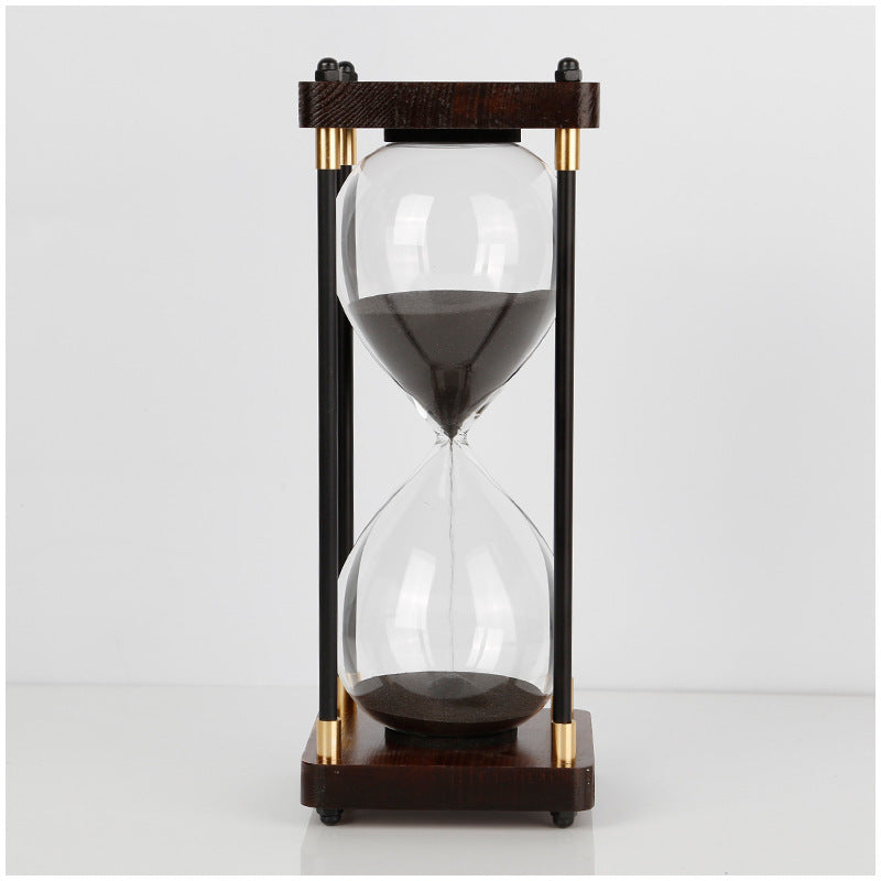 Modern Glass and Wood Hourglass Timer With Gold Accents