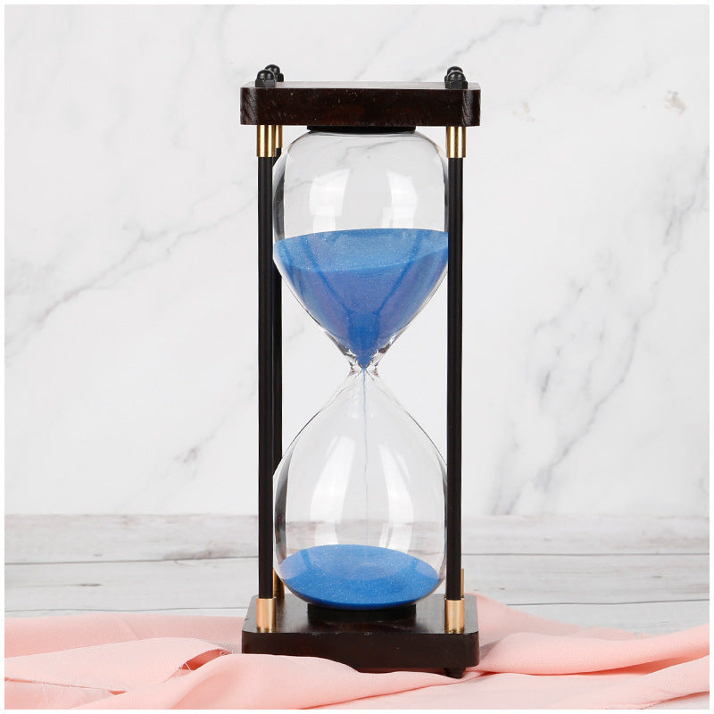 Modern Glass and Wood Hourglass Timer With Gold Accents