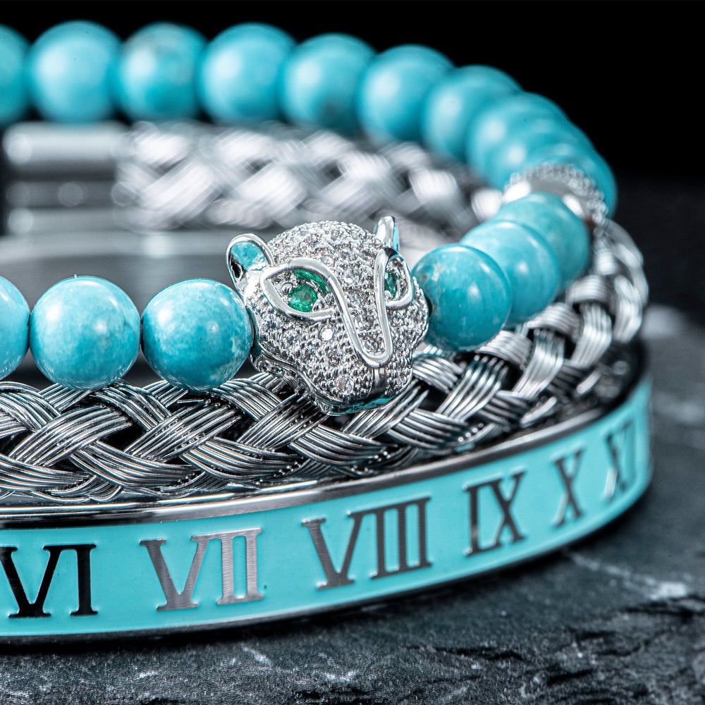Bracelet Set With Crystal Panther Motif and Roman Numerals