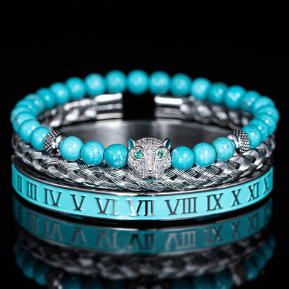 Bracelet Set With Crystal Panther Motif and Roman Numerals