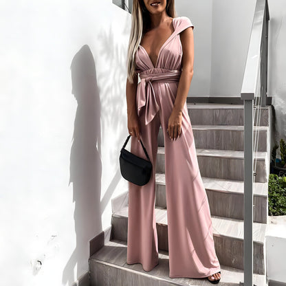 Women's Jumpsuit – Sleeveless – Plunging Neckline – Belted Waist – Flowing Fabric