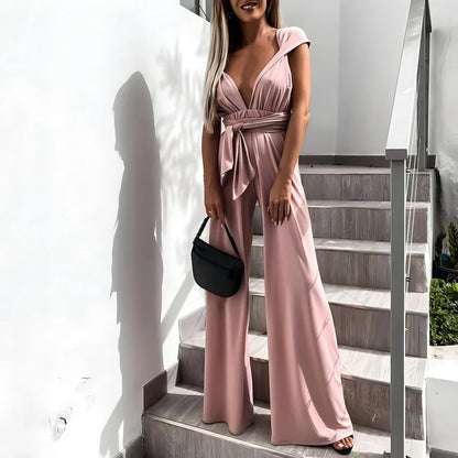 Women's jumpsuit – Sleeveless – V-neck – Belted waist – Wide flowing leg
