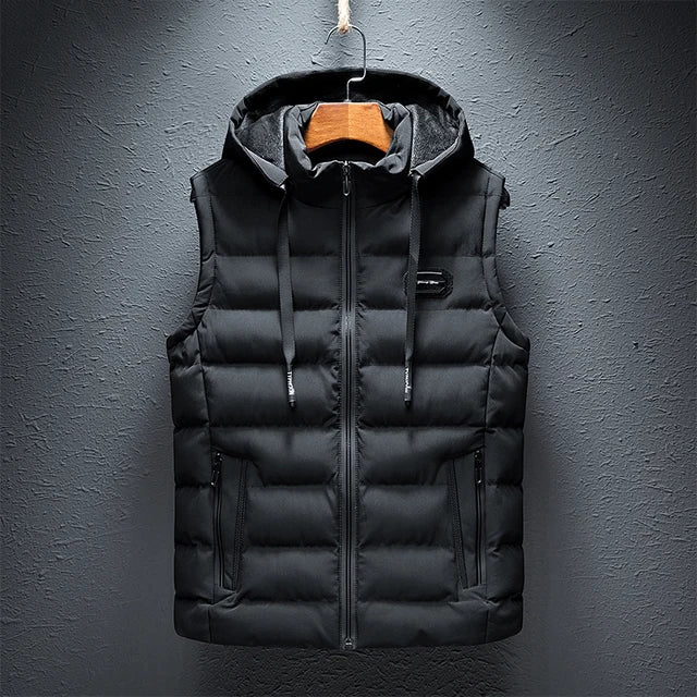 Men's Sleeveless Vest - Woven Fabric - Quilted - Detachable Hood - Zipper Closure