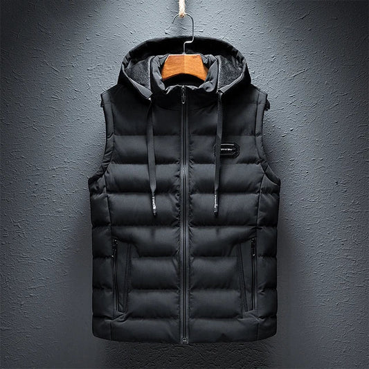 Men's Sleeveless Vest - Woven Fabric - Quilted - Detachable Hood - Zipper Closure
