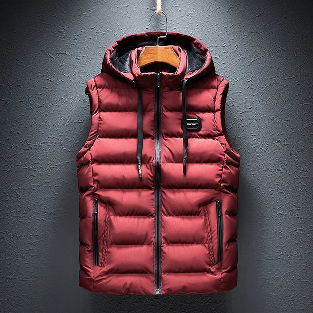 Men's Sleeveless Vest - Woven Fabric - Quilted - Detachable Hood - Zipper Closure