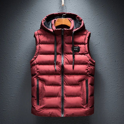 Men's Sleeveless Vest - Woven Fabric - Quilted - Detachable Hood - Zipper Closure