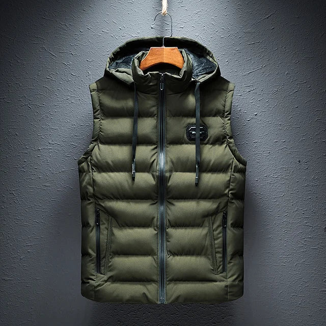 Men's Sleeveless Vest - Woven Fabric - Quilted - Detachable Hood - Zipper Closure