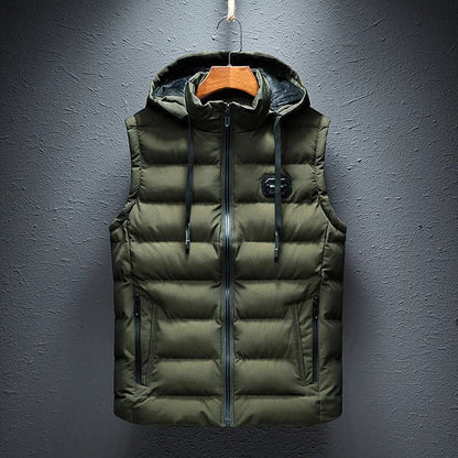 Men's Sleeveless Vest - Woven Fabric - Quilted - Detachable Hood - Zipper Closure