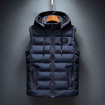 Men's Sleeveless Vest - Woven Fabric - Quilted - Detachable Hood - Zipper Closure