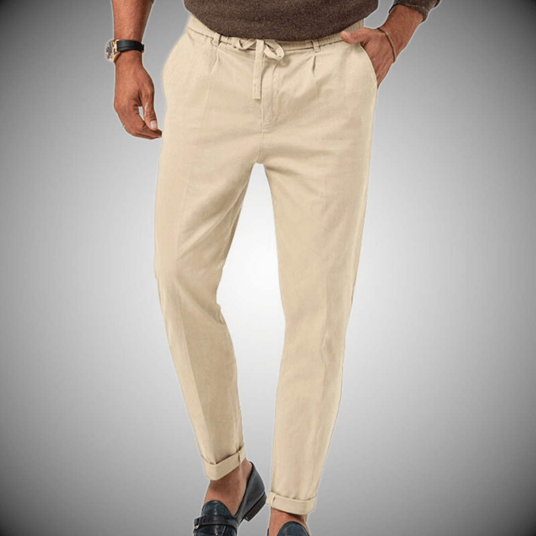 Men's pants – Relaxed fit – Natural fibers – Drawstring waist – Tapered leg