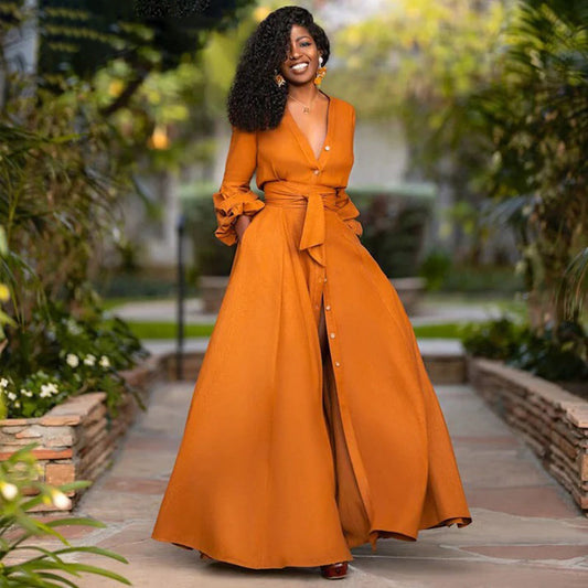 Women's long dress – Flared fluid cut – Natural fibers – Ruffled sleeves