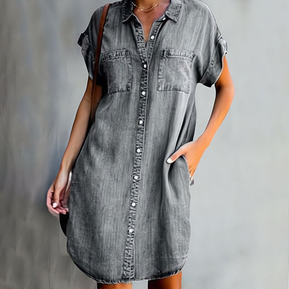 Women's Shirt Dress – Relaxed Fit – Buttoned – Short Sleeves With Cuffs