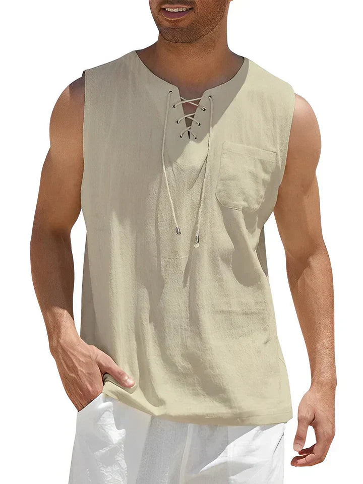 Men's tank top – Relaxed fit – Lace-up front – Chest pocket – Breathable fabric