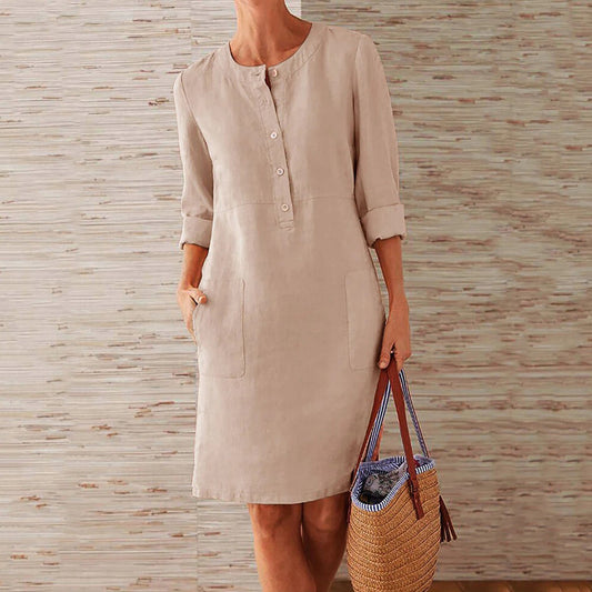 Robe femme – Coupe décontractée – Linnen – Manches 3/4 – Boutonnée – Poches