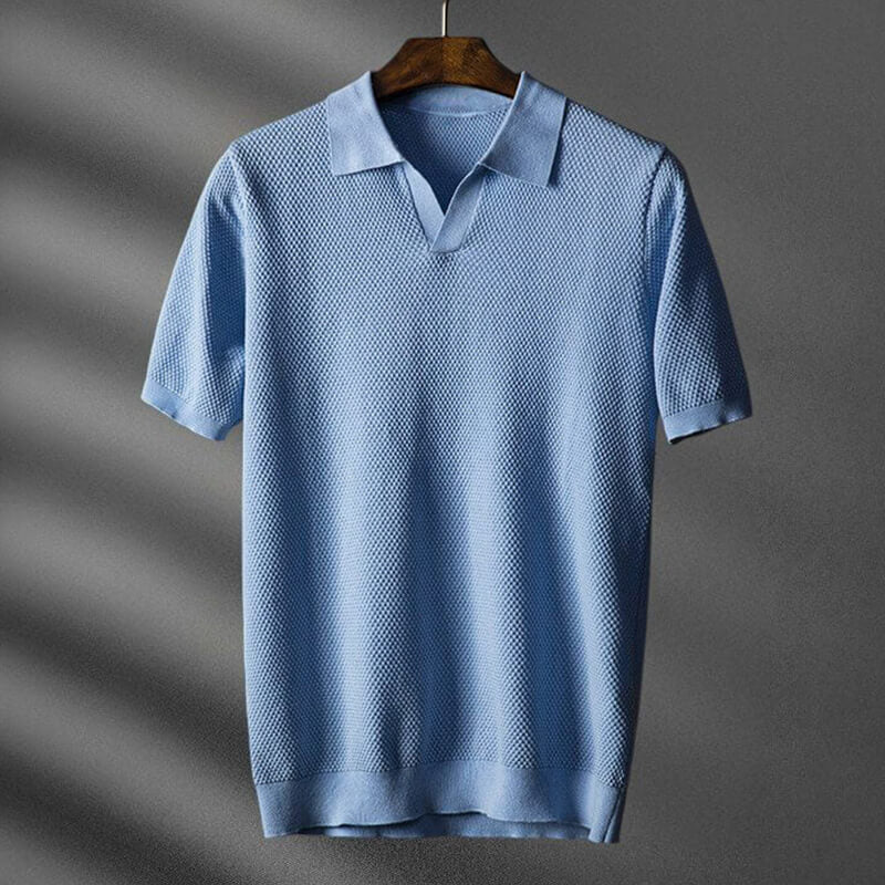 Textured Knit Open Placket Polo Shirt for Men – Smart-Casual Style & Comfort