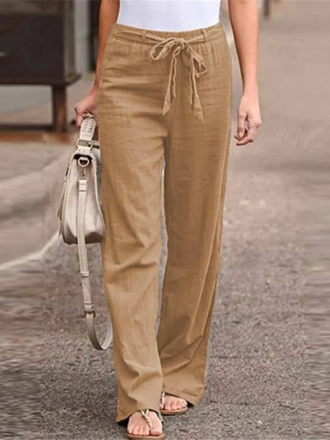 Women's pants – Wide cut – High waist – Breathable fabric – Tied belt
