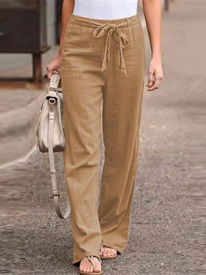 Women's pants – Wide cut – High waist – Breathable fabric – Tied belt