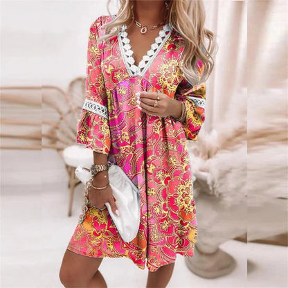 Women's dress – Relaxed fit – V-neck lace – Floral print – Breathable fabric
