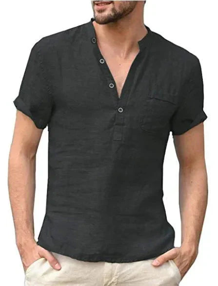 Men's short-sleeve shirt – Straight cut – Natural fibers – Mao collar – Chest pocket