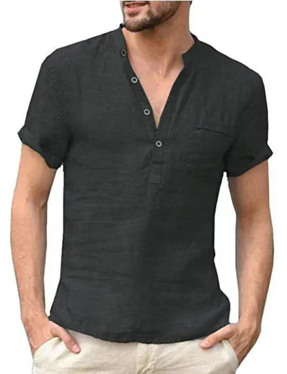 Men's short-sleeve shirt – Straight cut – Natural fibers – Mao collar – Chest pocket