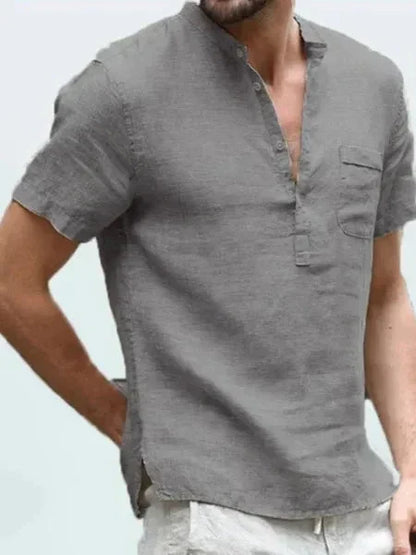 Men's short-sleeve shirt – Straight cut – Natural fibers – Mao collar – Chest pocket