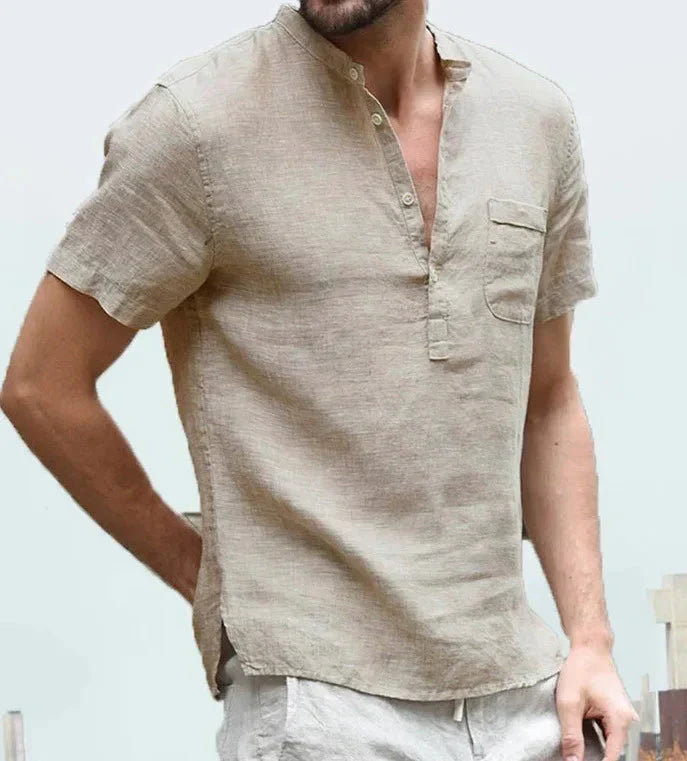 Men's short-sleeve shirt – Straight cut – Natural fibers – Mao collar – Chest pocket