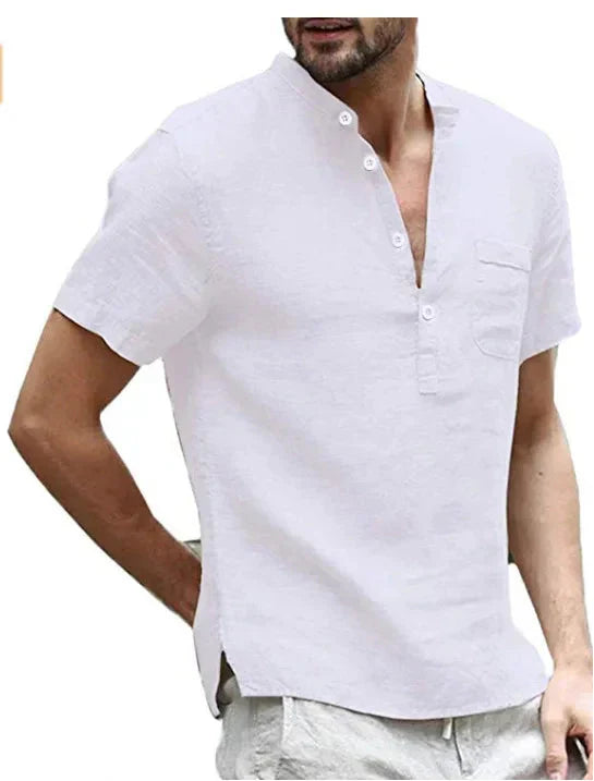Men's short-sleeve shirt – Straight cut – Natural fibers – Mao collar – Chest pocket