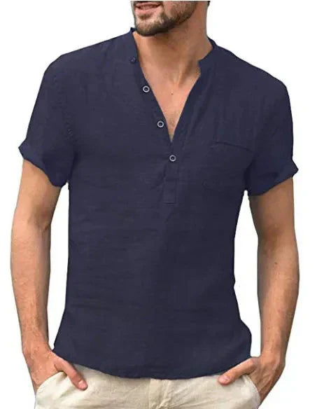 Men's short-sleeve shirt – Straight cut – Natural fibers – Mao collar – Chest pocket
