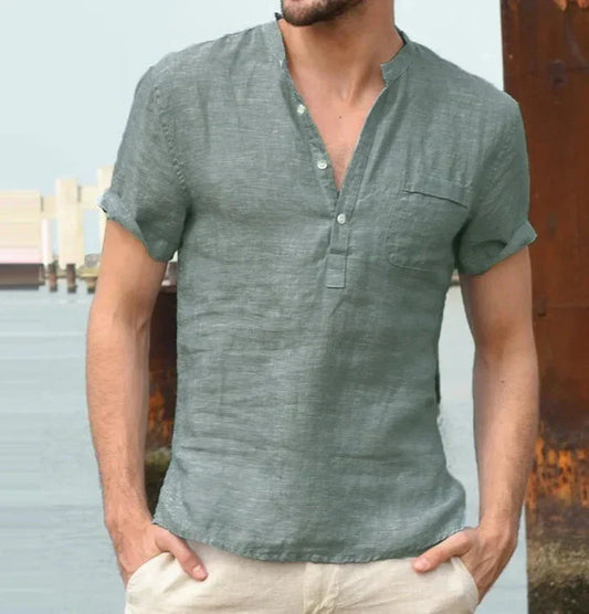 Men's short-sleeve shirt – Straight cut – Natural fibers – Mao collar – Chest pocket