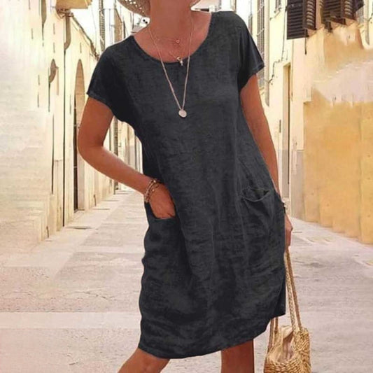 Robe femme genou – Coupe ample – Manches courtes – Fibres naturelles – Style décontracté