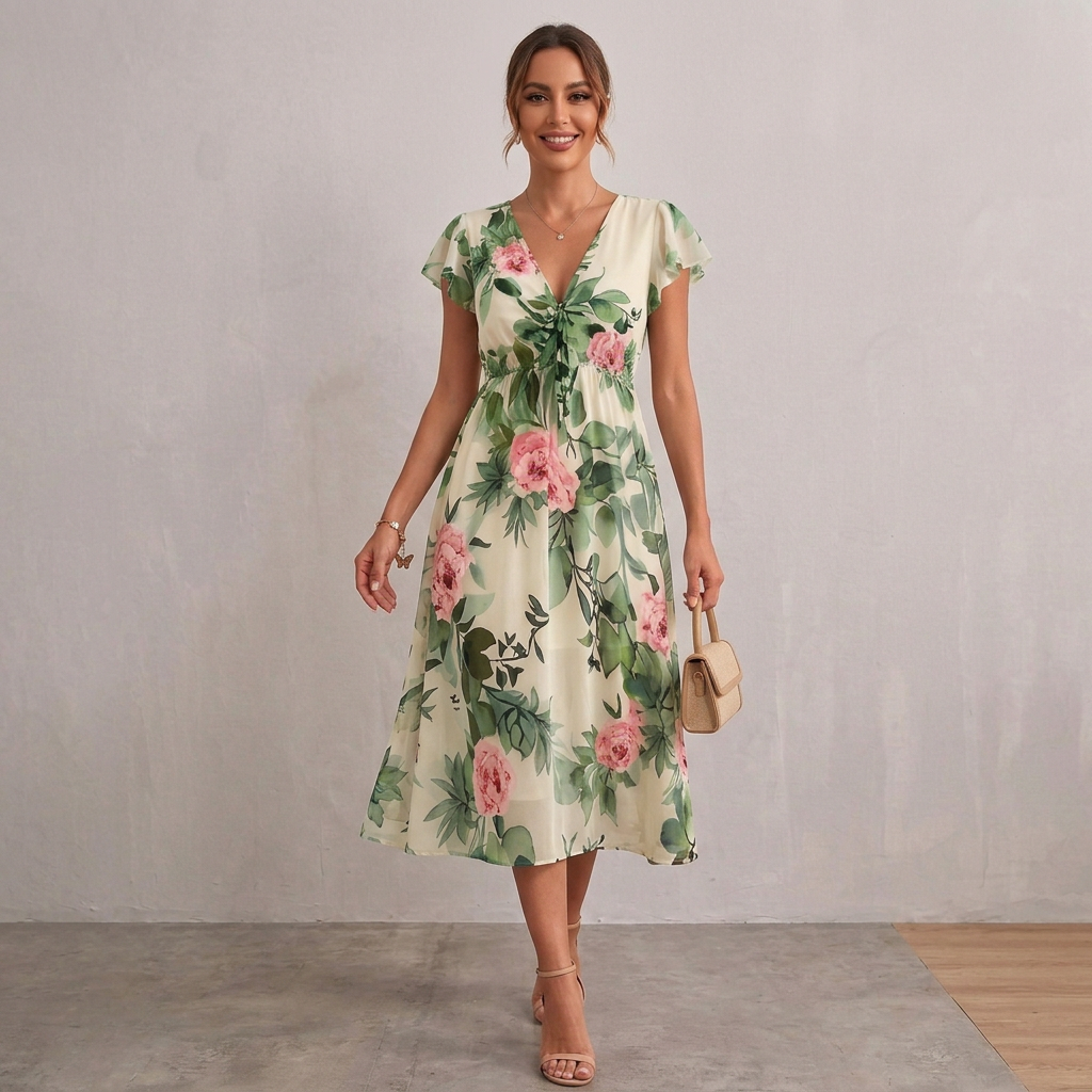 Floral Flutter Sleeve Midi Dress for Women – Flattering & Comfortable Fit