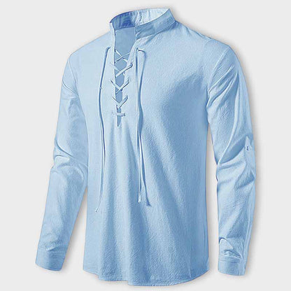 Louie Linen Relaxed Fit Lace-Up Shirt | Band Collar Lace-Up Shirt