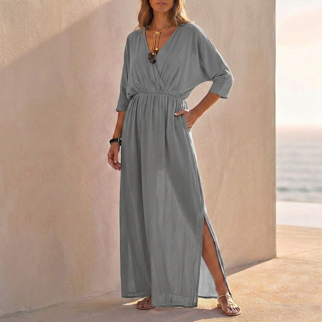 V-Neck Dolman Sleeve Maxi Dress for Women – Relaxed Fit & Pockets