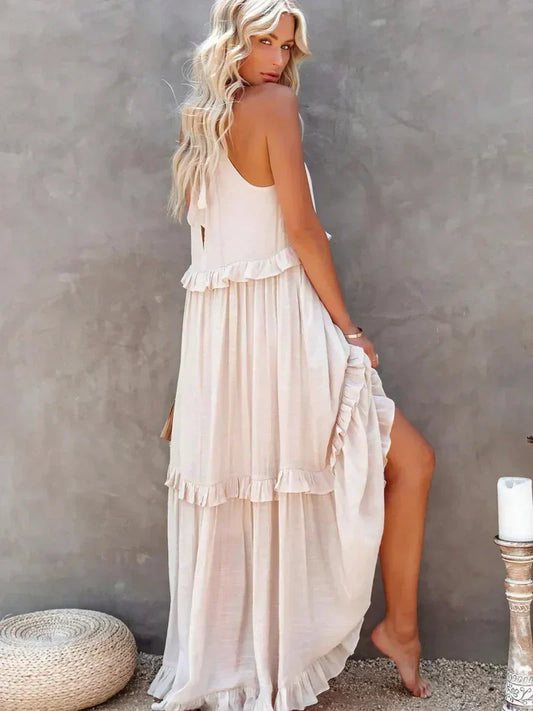 Robe longue femme – Coupe fluide – Col halter – Dos noué – Volants – Coton léger