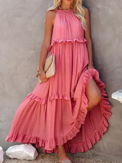 Robe longue femme – Coupe fluide – Col halter – Dos noué – Volants – Coton léger