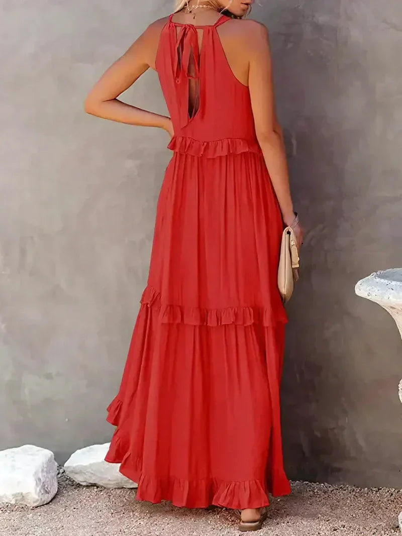 Robe longue femme – Coupe fluide – Col halter – Dos noué – Volants – Coton léger