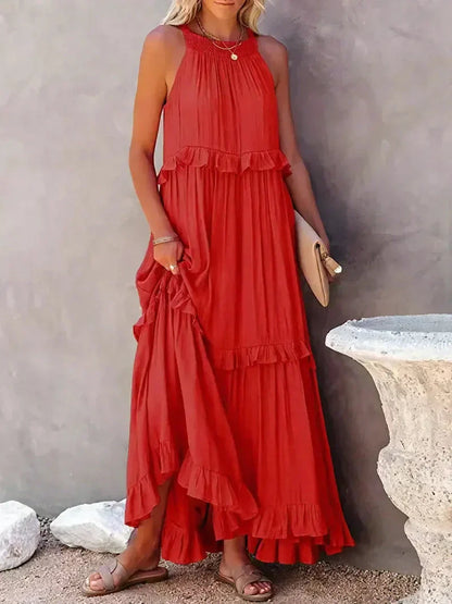 Robe longue femme – Coupe fluide – Col halter – Dos noué – Volants – Coton léger
