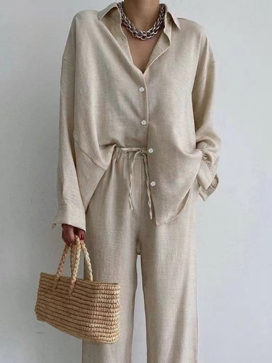 Women's 2-piece set – Natural fibers – Loose fit – Button-up shirt – Wide-leg pants