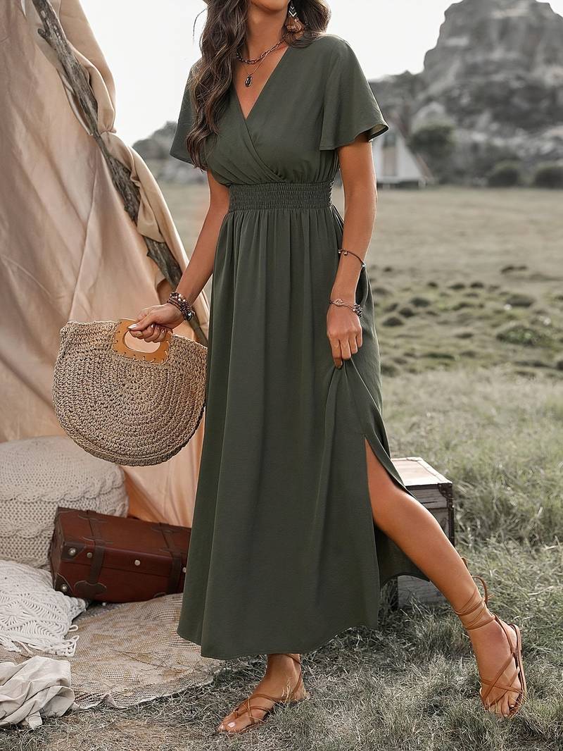 Women's midi dress – Flared fluid cut – Short sleeves – Wrap neckline