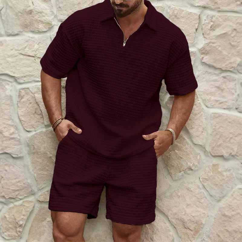 Men's casual set – Relaxed fit – Breathable fabric – Zip-up short-sleeve top