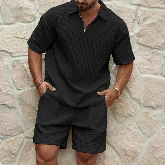 Men's casual set – Relaxed fit – Breathable fabric – Zip-up short-sleeve top