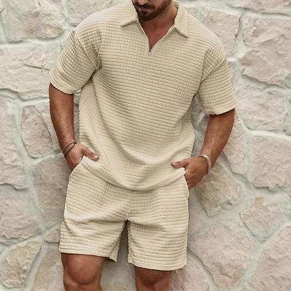 Men's casual set – Relaxed fit – Breathable fabric – Zip-up short-sleeve top